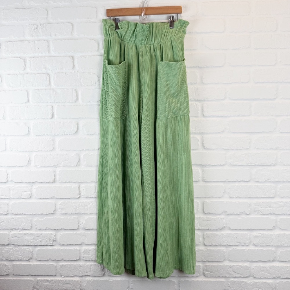 Bucketlist Wide Leg Pants Lime Green Boho Paperbag waist Palazzo Textured Pant M